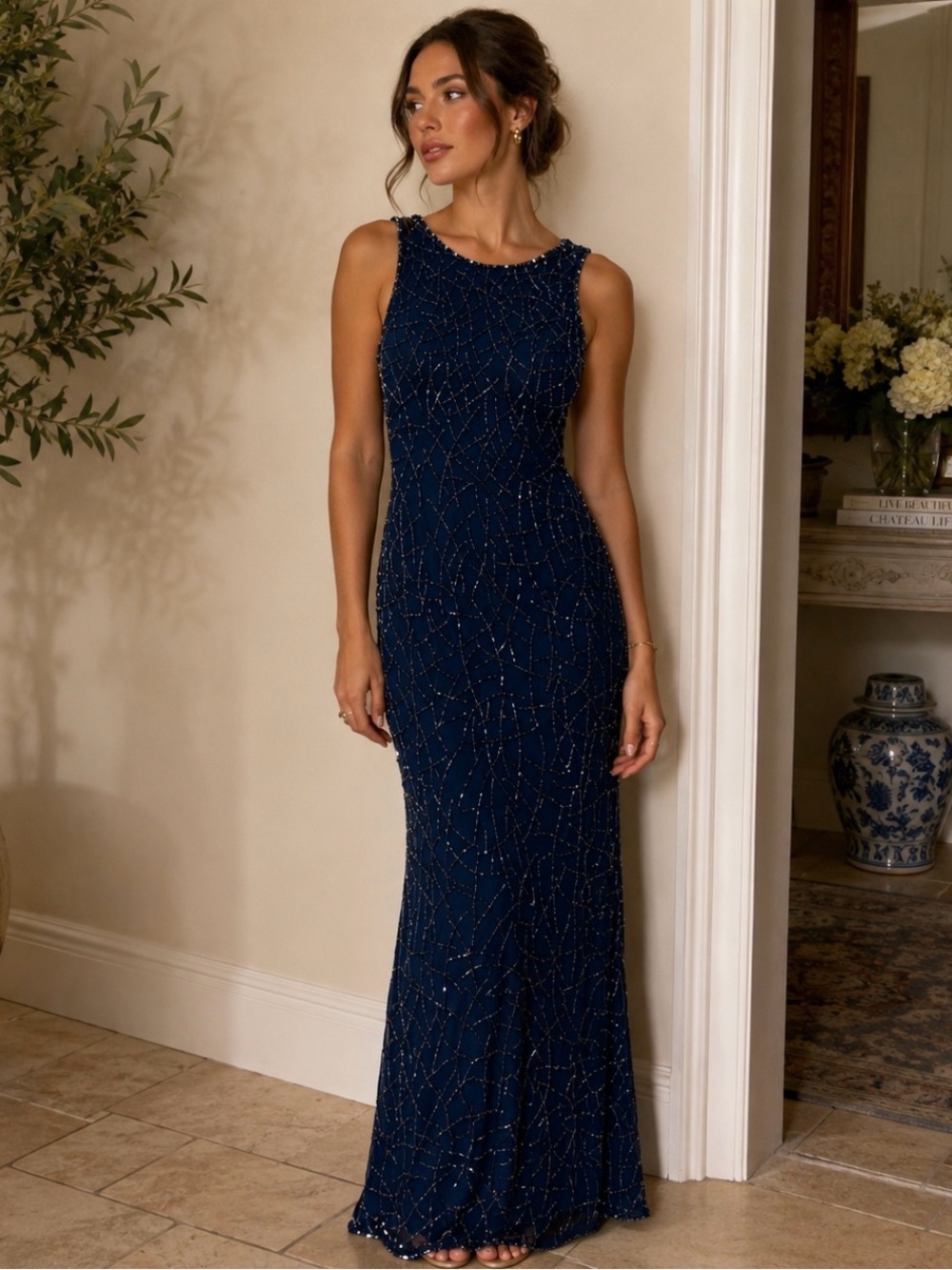 Vintage 90s Y2K Silk Beaded Gown Dress Women’s S Navy Blue Side Slits Open Back